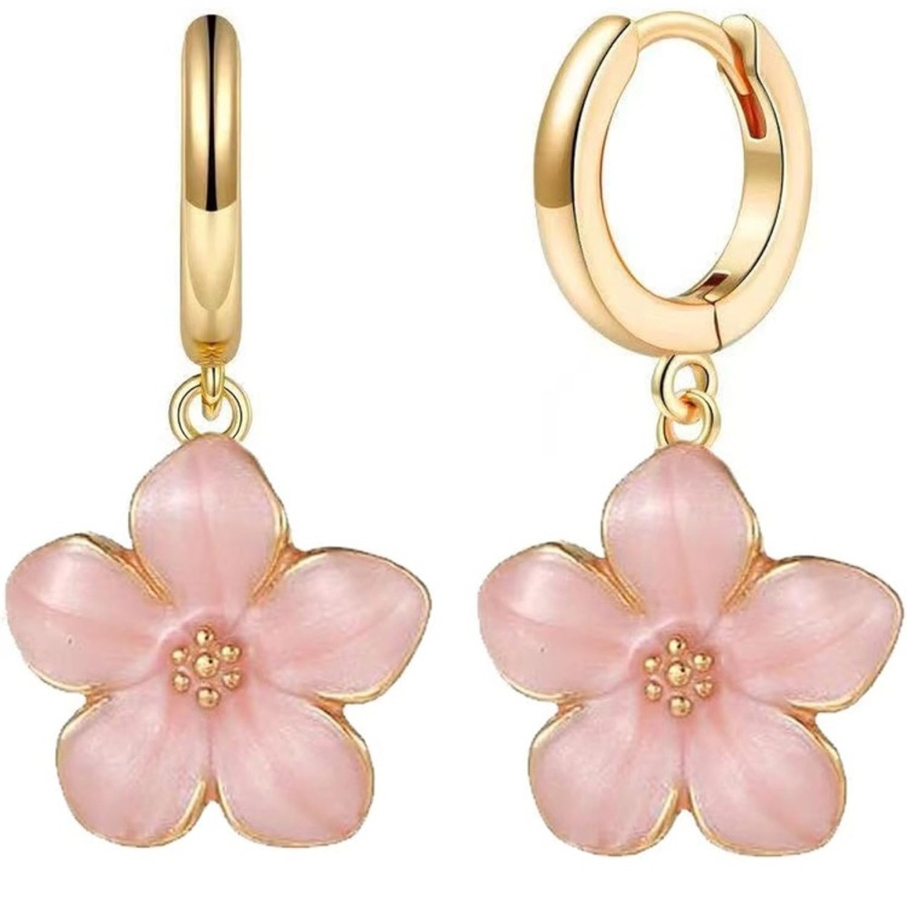 14K Gold and Pink Floral Hoop Earrings
